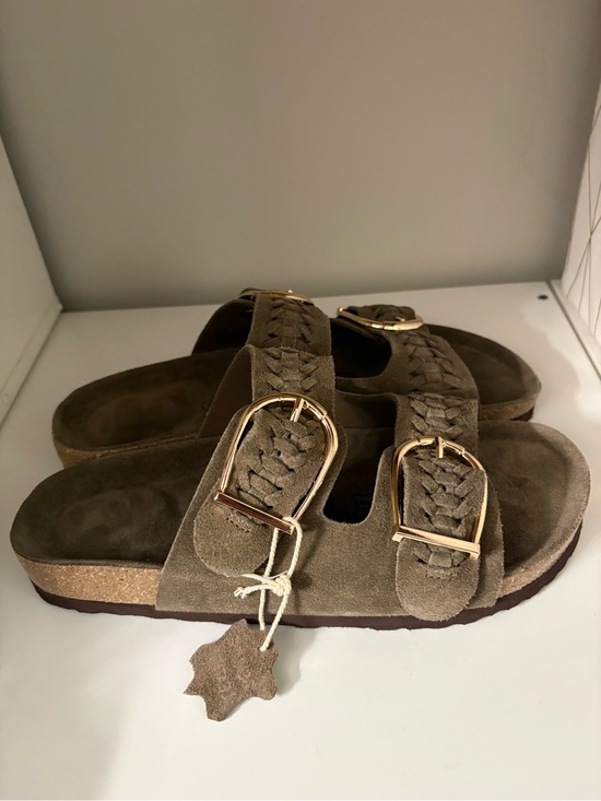 Cushionaire Shoes - Cashew Cork Braided Double-Buckle Suede Slide Sandals -